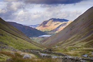 View of upland landscape and lake, viewed from Kirkstone Pass, Brothers Water, Lake District, Cumbria, England, October