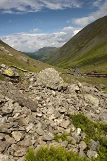 View of upland valley, viewed from Kirkstone Pass looking towards Brothers Water, Lake District, Cumbria, England, july