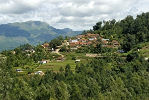 Sub Continent Prints: View of upland village and terraced hillside, Kanthalloor, Western Ghats, Kerala, India