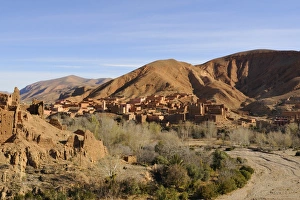 Moroccan Prints: View of village in mountain valley, Dades Gorge, Atlas Mountains, Morocco, january
