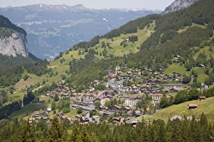 Swiss Prints: View of village in mountain valley, Wengen, Bernese Alps, Switzerland, June