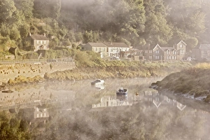 Mists Prints: View of village on riverbank in mist at dawn