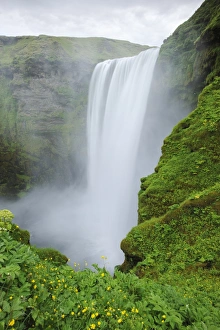 Cliff Prints: View of waterfall flowing over cliff, Skogafoss, Skoga River, Iceland, July