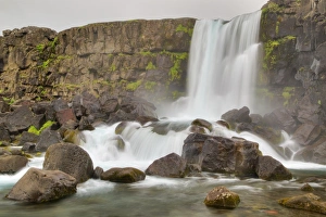 Subpolar Prints: View of waterfall and river, Oxarafoss Waterfall