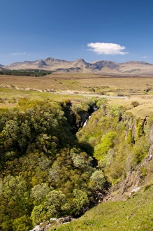 Moorland Prints: View of waterfall tumbling into wooded ravine