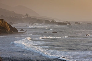 Californian Prints: View of waves and coastline at sunset, Westport, North California, U. S. A. February