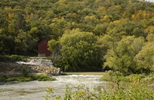 Midwest Prints: View of weir on river and wooded hillside
