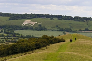 View towards White Lion chalk figure on hillside, with start of Ridgeway long-distance footpath in foreground