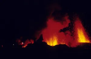 Heimaey Prints: Volcanic eruption, with erupting lava and town buildings silhouetted
