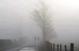 Mists Prints: Two walkers walking on road in mist