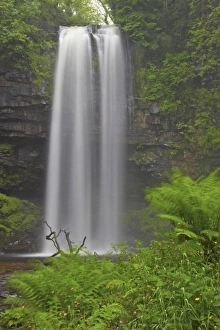 Waterfall flowing over faulted edge of sandstone, Sgwd Henrhyd (Henrhyd Falls), Nant Llech, Brecon Beacons N. P. Powys