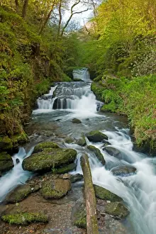 Waterfall situated at confluence of East Lyn River and Hoar Oak Water, Watersmeet Falls, Lynmouth, North Devon