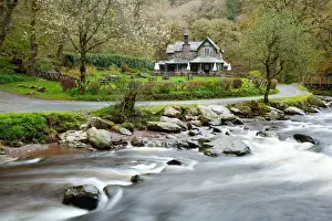 Lynmouth Prints: Watersmeet House and Tea Room, situated at confluence of East Lyn River and Hoar Oak Water
