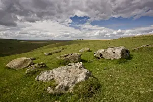 Stones Prints: Weathered sandstone rocks on steep south-facing chalk downland