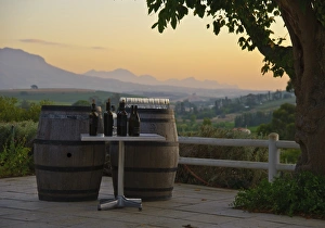 Sun Set Prints: Wine casks and bottles on wine estate at sunset