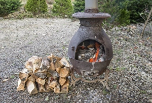 : Wood burning stove burning split logs, Waddington, Lancashire, England, December