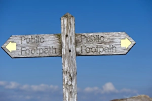 Directions Prints: Wooden Public Footpath direction sign in countryside, England, march