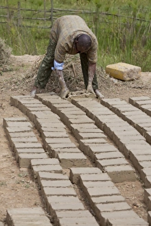Construction Prints: Worker forming loam bricks, Uganda