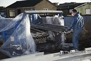 Dangerous Prints: Workers removing agricultural building roofing sheets containing asbestos