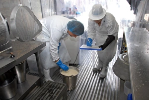 Jobs Prints: Workers taking temperature from bucket of cream