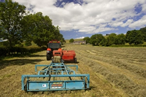 Zetor Proxima 75 tractor with flat eight bale system, baling in traditional hay meadow, Upper Teesdale, County Durham