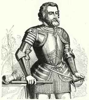 Hernan Cortes, Spanish conquistador (engraving)